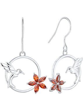 Sterling Silver Hummingbird Dangle Earrings with Garnet Flower for Women